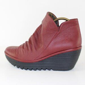 Fly London Yip Burgundy Leather Wedge Bootie Womens (EU 37/US 6.5)
